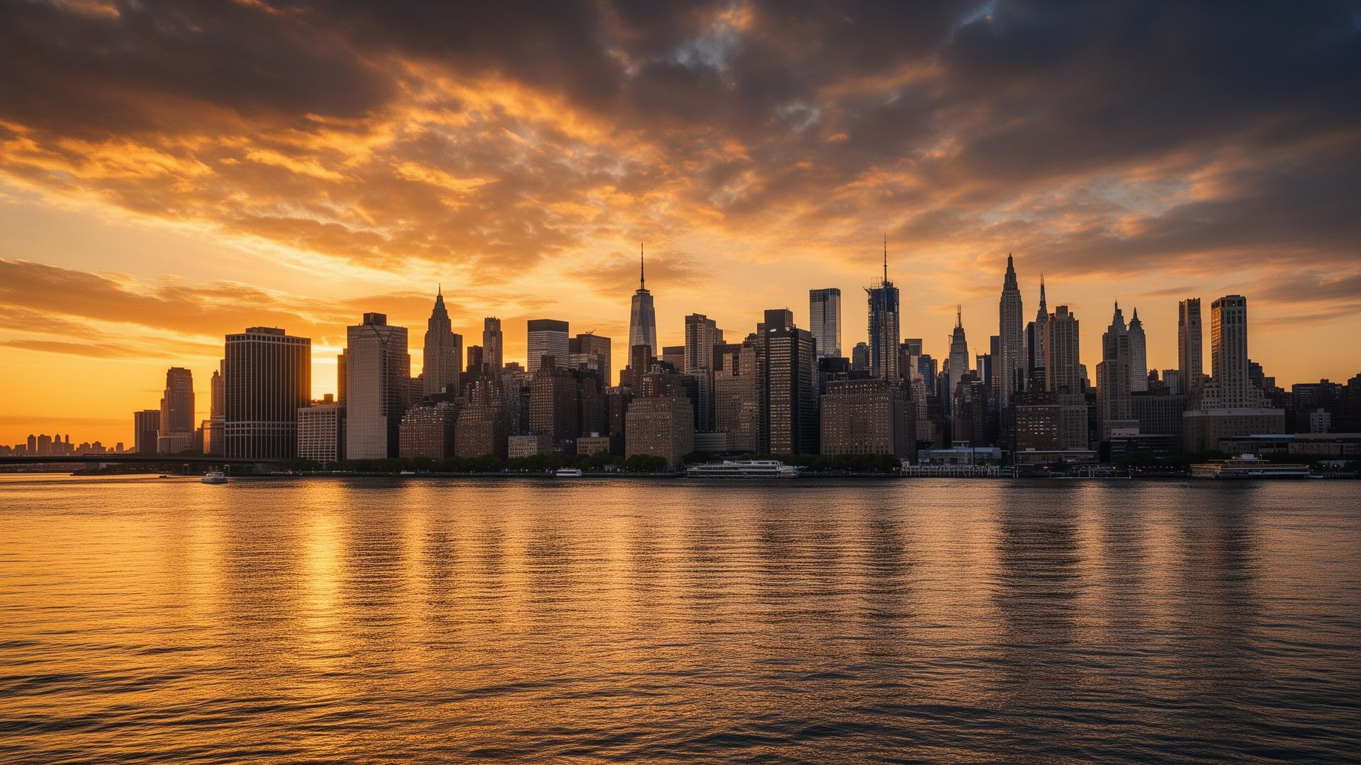 New York City skyline at golden hour